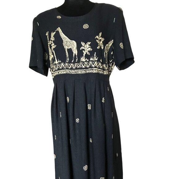 Citi Dress Giraffe Print Dress: Vintage 80s Long Rayon Dress Black Size 18W - Picture 11 of 12